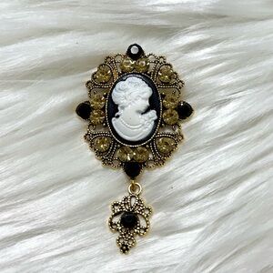 Cameo Pendant Gold Tone With  Black & Golden Crystals New